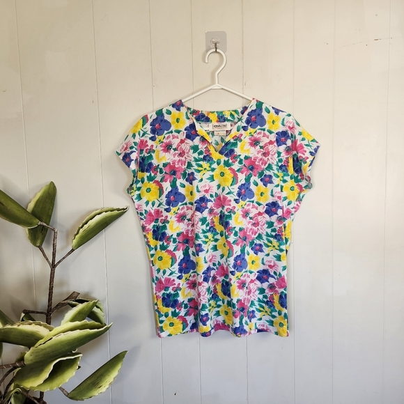 Vintage 1980s Pink Short Sleeve Bright Floral Blouse Top 80s Office Preppy 90s - Picture 9 of 9